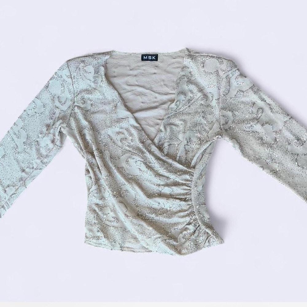 MSK Sparkle Faux Wrap Glam Blouse with Padded Shoulders